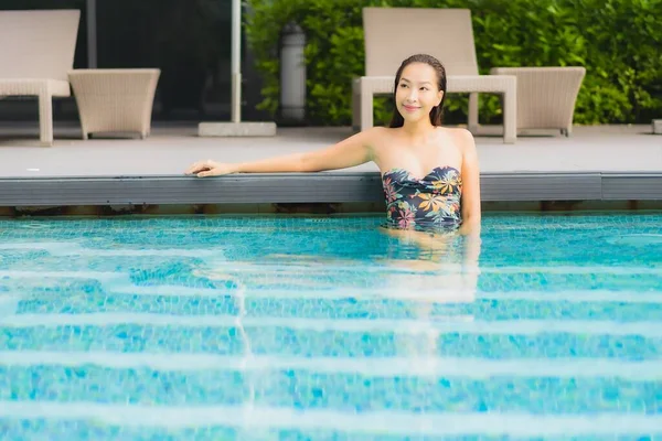 Portrait Beautiful Young Asian Woman Relax Smile Outdoor Swimming Pool — Stock Photo, Image