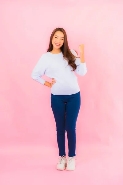 Portrait Beautiful Young Asian Woman Smile Action Pink Isolated Background — Stock Photo, Image