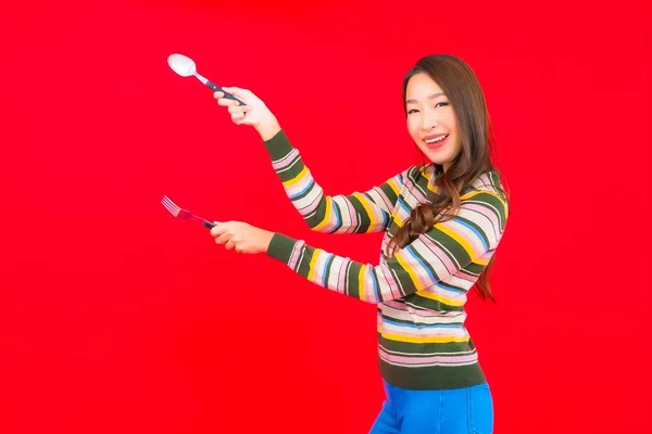 Portret Mooie Jonge Aziatische Vrouw Klaar Eten Met Lepel Vork — Stockfoto