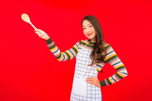 Portret Mooie Jonge Aziatische Vrouw Met Pan Klaar Koken Rode — Stockfoto