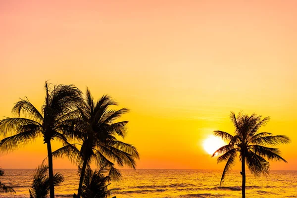 Gyönyörű Trópusi Strand Tenger Óceán Napkeltekor Vagy Naplemente Pálmafával Szabadidős — Stock Fotó