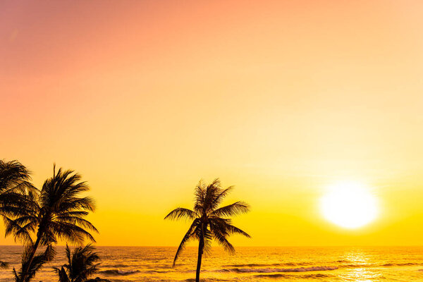 Beautiful tropical beach sea ocean at sunrise or sunset with palm tree for leisure vacation