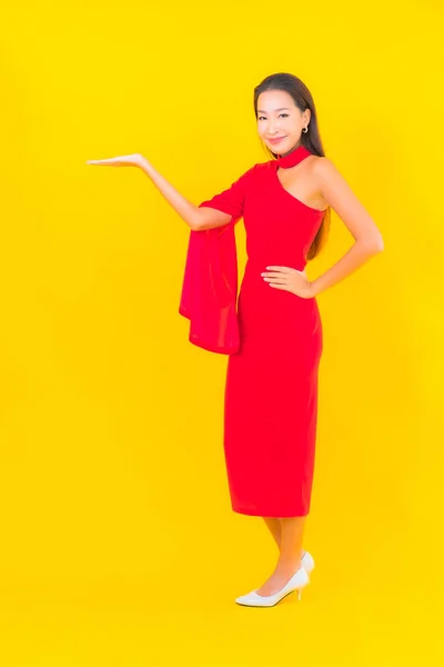 Portrait Beautiful Young Asian Woman Smile Action Yellow Isolated Background — Stock Photo, Image