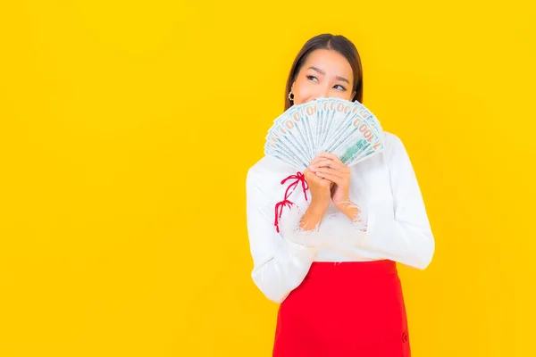 Portrait Beautiful Young Asian Woman Lot Cash Money Yellow Background — Stock Photo, Image