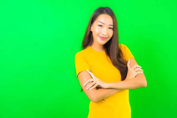 Portrait Beautiful Young Asian Woman Smile Action Green Isolated Background — Stock Photo, Image