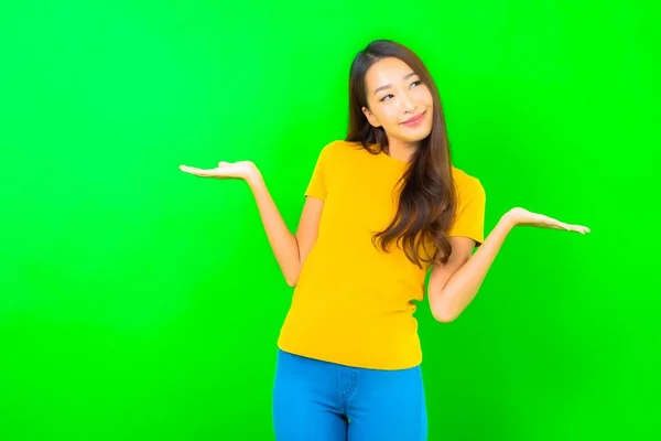 Portrait Beautiful Young Asian Woman Smile Action Green Isolated Background — Stock Photo, Image