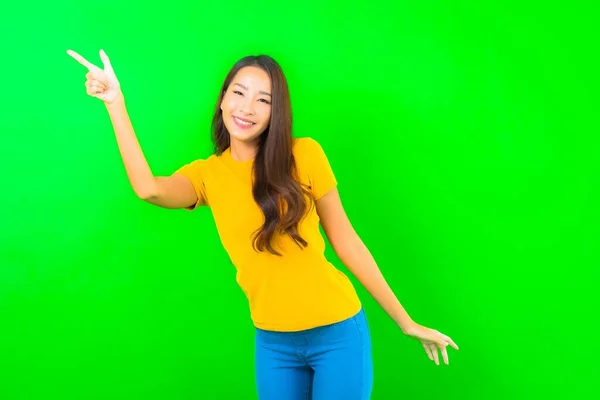 Portrait Beautiful Young Asian Woman Smile Action Green Isolated Background — Stock Photo, Image