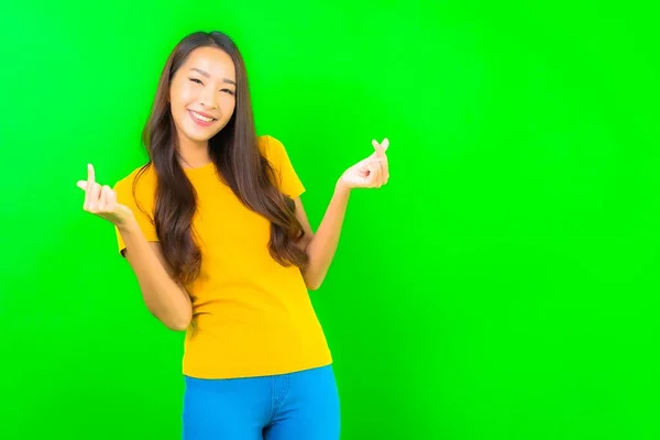 Portret Mooie Jonge Aziatische Vrouw Glimlach Met Actie Groen Geïsoleerde — Stockfoto