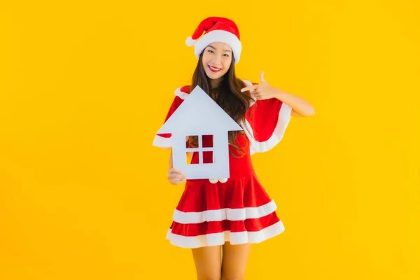 Retrato Bonito Jovem Asiático Mulher Desgaste Natal Roupas Chapéu Mostrar — Fotografia de Stock