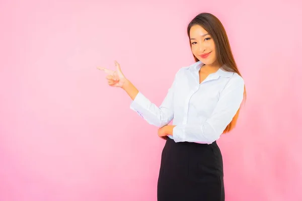 Portrait Beautiful Young Business Asian Woman Action Pink Isolated Background — Stock Photo, Image