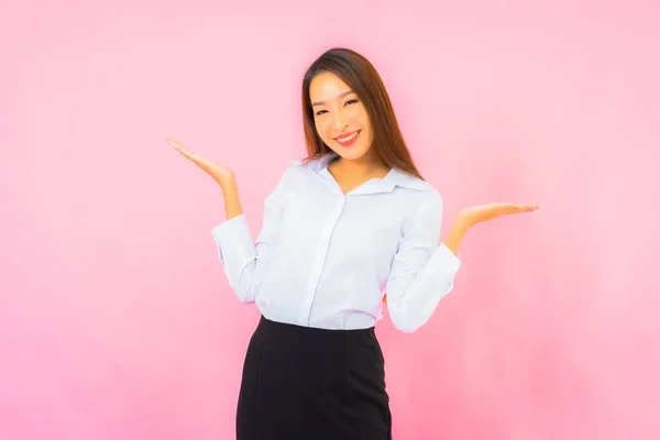 Portrait Beautiful Young Business Asian Woman Action Pink Isolated Background — Stock Photo, Image