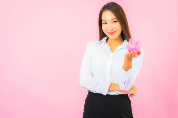 Portrait Beautiful Young Asian Woman Lot Cash Money Pink Background — Stock Photo, Image