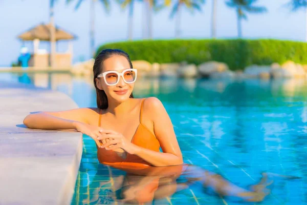 Portrait Beautiful Young Asian Woman Relax Smile Leisure Outdoor Swimming — Stock Photo, Image