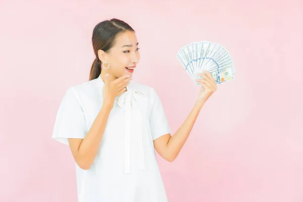 Portrait Beautiful Young Asian Woman Lot Cash Money Pink Color — Stock Photo, Image