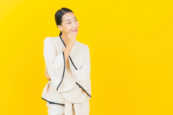 Portrait Beautiful Young Business Asian Woman Smile Action Yellow Background — Stock Photo, Image