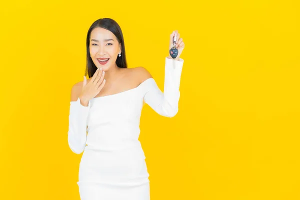 Portrait Beautiful Young Business Asian Woman Car Key Yellow Background — Stock Photo, Image