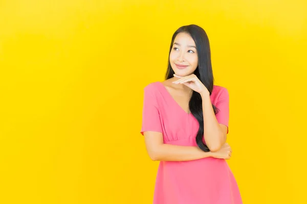 Portrait Beautiful Young Asian Woman Smile Action Yellow Color Background — Stock Photo, Image