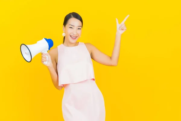 Portrait Beautiful Young Asian Woman Smile Megaphone Yellow Color Background — Stock Photo, Image