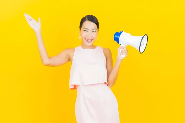 Portrait Beautiful Young Asian Woman Smile Megaphone Yellow Color Background — Stock Photo, Image