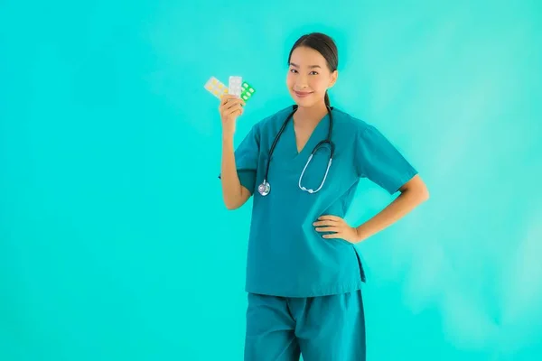 Portrait Beautiful Young Asian Doctor Woman Pill Drug Medicine Blue — Stock Photo, Image