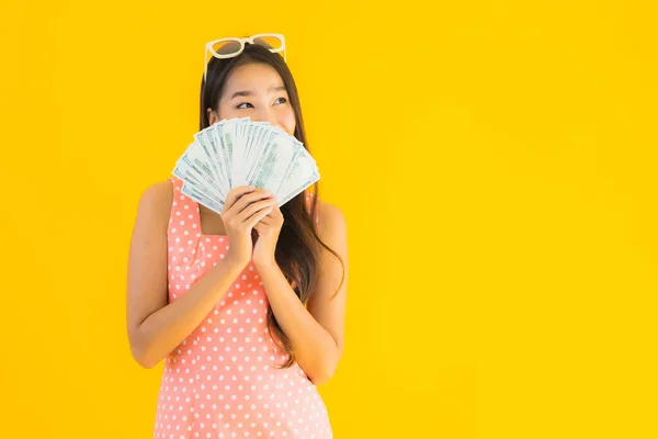 Portrait Beautiful Young Asian Woman Lot Cash Money Yellow Isolated — Stock Photo, Image