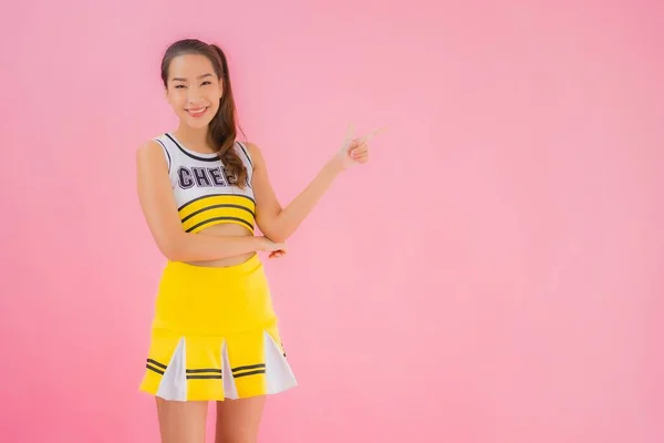 Portrait Beautiful Young Asian Woman Cheerleader Pink Isolated Background — Stock Photo, Image