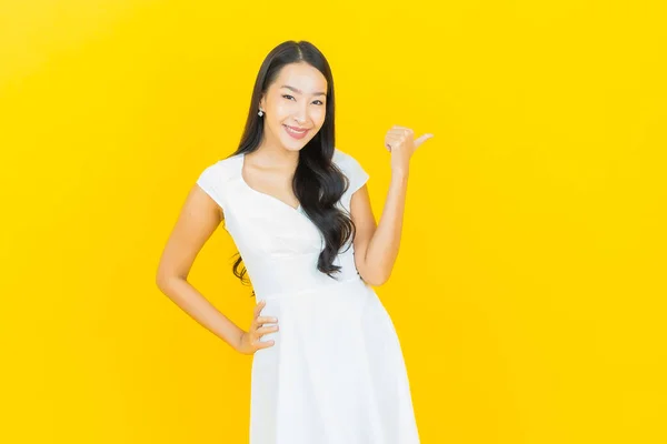 Portrait Beautiful Young Asian Woman Smile Action Yellow Color Background — Stock Photo, Image