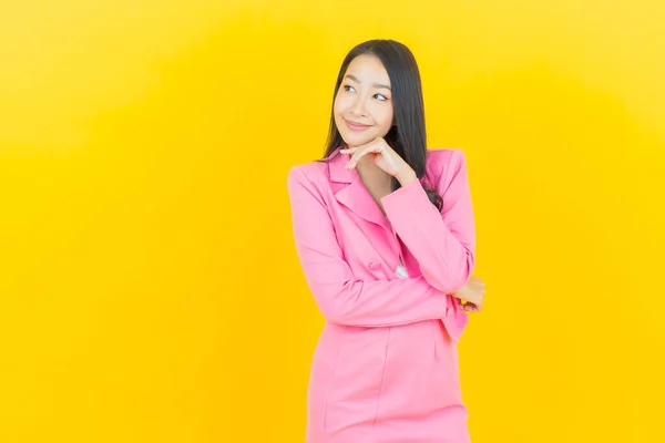 Portrait Beautiful Young Asian Woman Smile Action Yellow Color Background — Stock Photo, Image