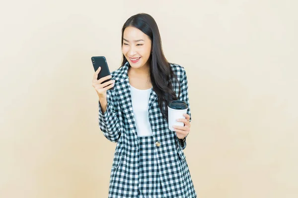 Portrait Beautiful Young Asian Woman Smile Smart Mobile Phone Color — Stock Photo, Image