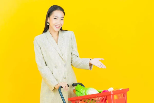 Portrait Beautiful Young Asian Woman Smile Grocery Basket Supermarket Color — Stock Photo, Image