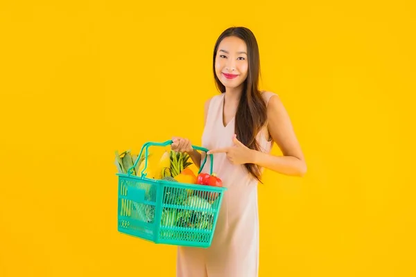 Portrait Beautiful Young Asian Woman Grocery Basket Shopping Bag Supermarket — Stock Photo, Image