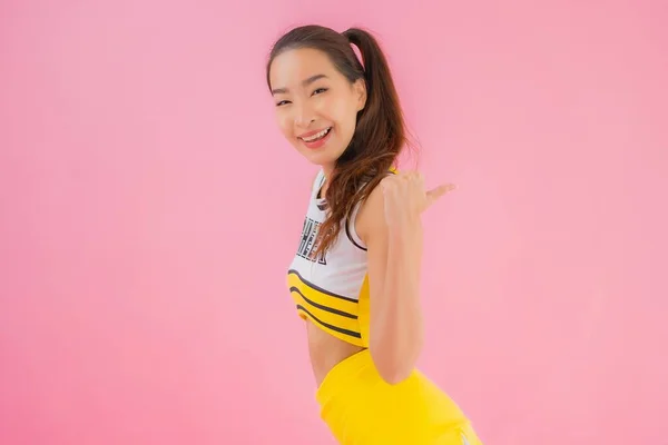 Portrait Beautiful Young Asian Woman Cheerleader Pink Isolated Background — Stock Photo, Image