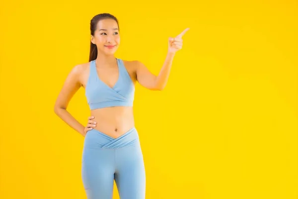 Portrait Beautiful Young Asian Sport Woman Sportwear Ready Exercise Yellow — Stock Photo, Image