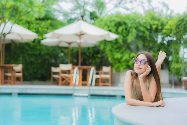 Portrait Beautiful Young Asian Woman Relax Smile Outdoor Swimming Pool — Stock Photo, Image