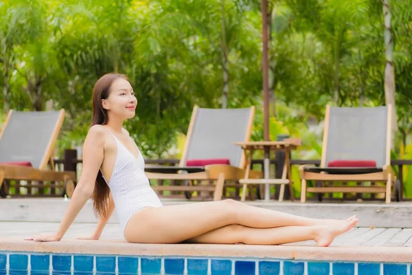 Portrait Beautiful Young Asian Woman Smile Relax Outdoor Swimming Pool — Stock Photo, Image