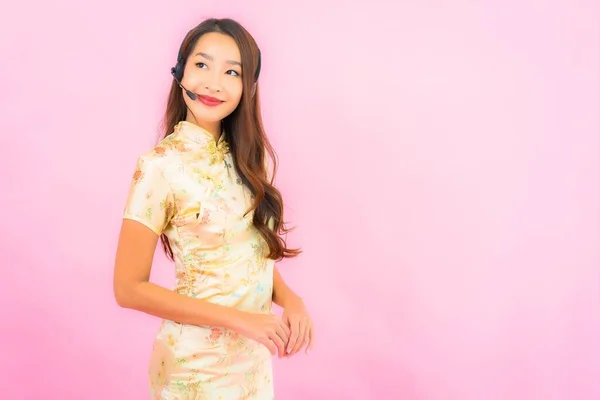 Retrato Bonito Jovem Asiático Mulher Cliente Call Center Cuidado Cor — Fotografia de Stock