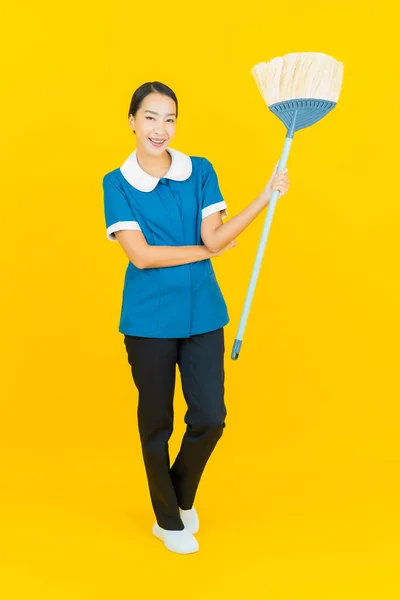 Portrait Beautiful Young Asian Woman Maid Housekeeping Smile Action Yellow — Stock Photo, Image