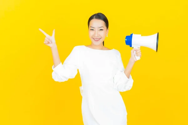 Portrait Beautiful Young Asian Woman Smile Megaphone Yellow Color Background — Stock Photo, Image