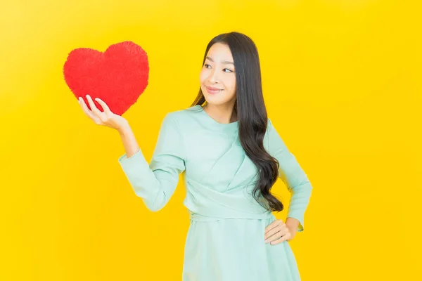 Portrait Beautiful Young Asian Woman Smile Heart Pillow Shape Color — Stock Photo, Image