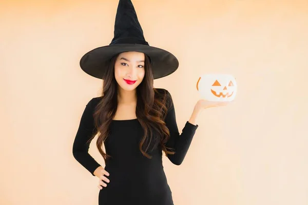 Ritratto Bella Giovane Donna Asiatica Indossare Costume Halloween Sul Colore — Foto Stock