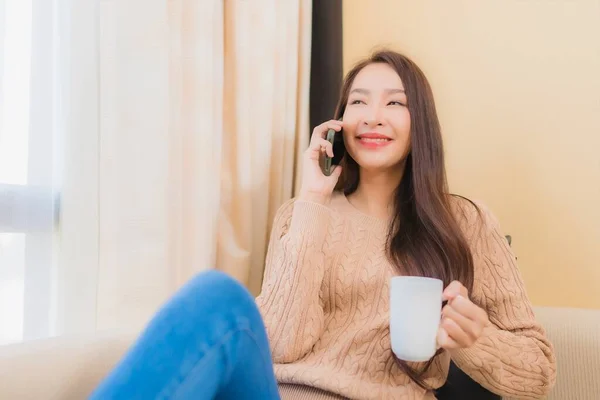 Portrait Beautiful Young Asian Woman Relax Smile Happy Smart Phone — Stock Photo, Image