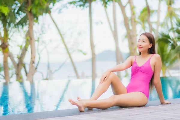 Portrait Beautiful Young Asian Woman Smile Relax Outdoor Swimming Pool — Stock Photo, Image