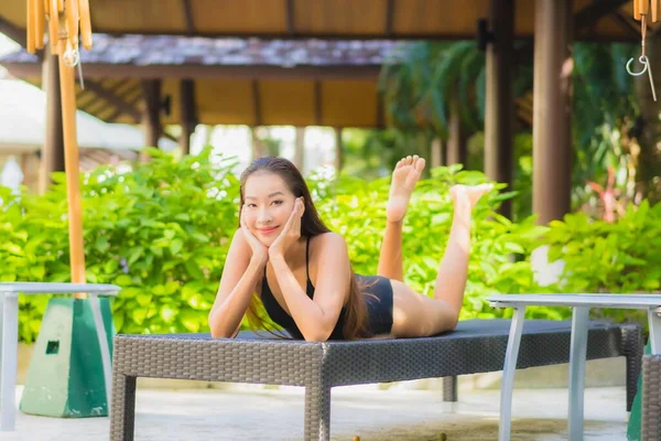 Portrait Beautiful Young Asian Woman Smile Relax Leisure Outdoor Swimming — Stock Photo, Image