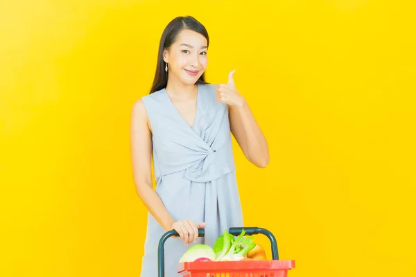 Portrait Beautiful Young Asian Woman Smile Grocery Basket Supermarket Color — Stock Photo, Image