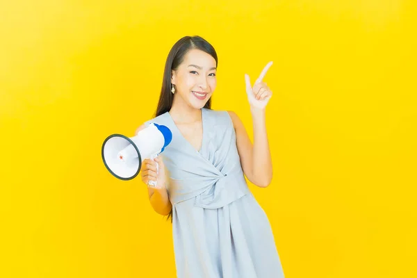 Portrait Beautiful Young Asian Woman Smile Megaphone Color Background — Stock Photo, Image