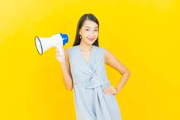 Portrait Beautiful Young Asian Woman Smile Megaphone Color Background — Stock Photo, Image