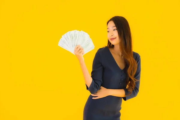 Portrait Beautiful Young Asian Woman Money Cash Yellow Isolated Background — Stock Photo, Image