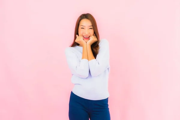 Portrait Beautiful Young Asian Woman Smile Action Pink Isolated Background — Stok fotoğraf