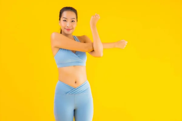 Portrait Beautiful Young Asian Sport Woman Sportwear Ready Exercise Yellow — Stock Photo, Image