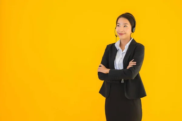 Portret Mooie Jonge Business Aziatische Vrouw Met Koptelefoon Headset Voor — Stockfoto